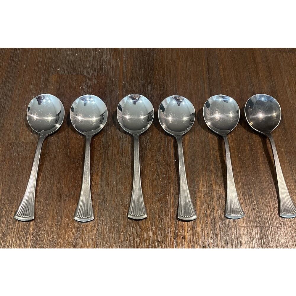 SET 6 CREAM SOUP SOONS! Vintage AMSILCO WORLD TABLEWARE stainless: MINUET lovely